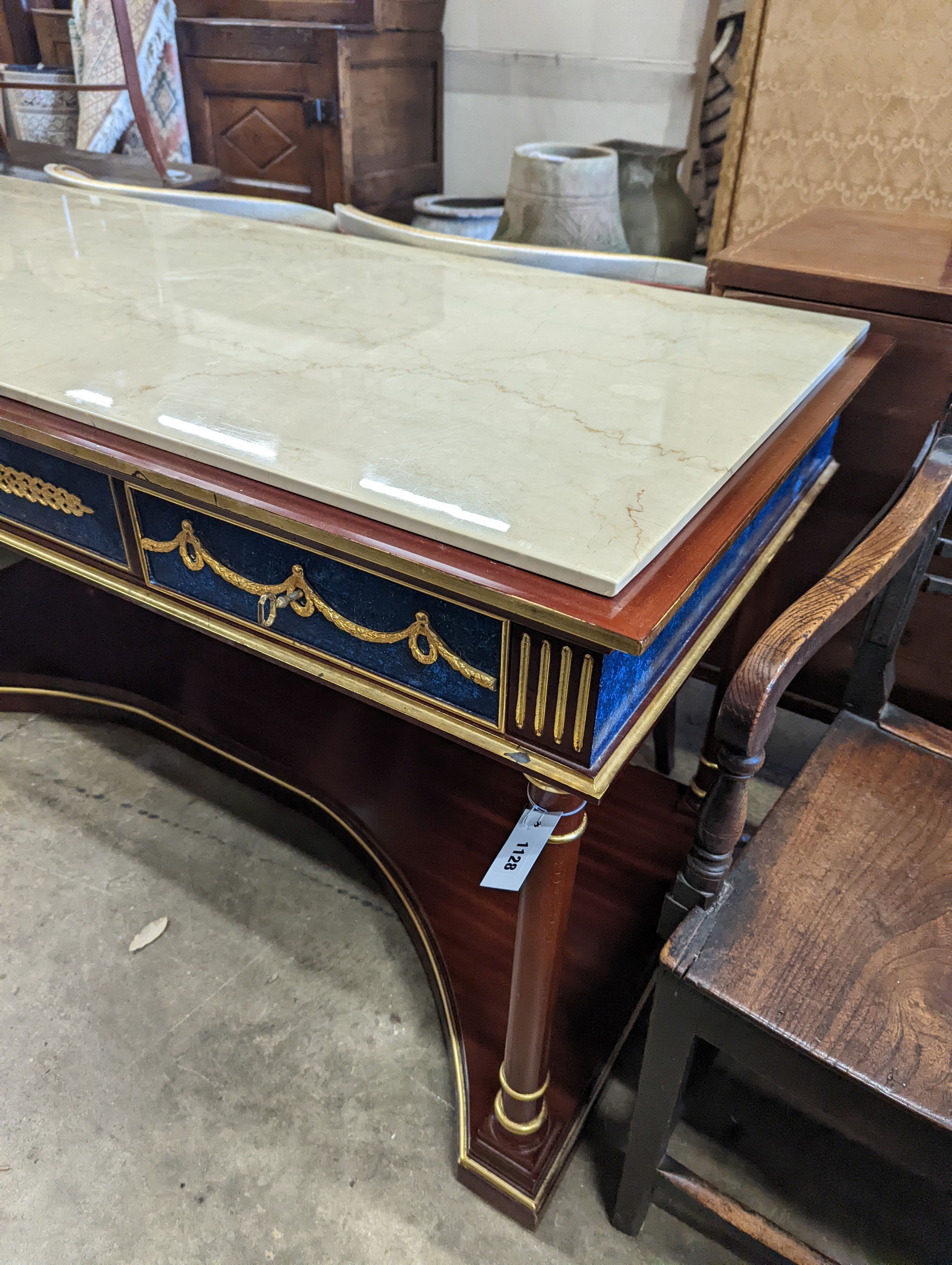 An Empire style parcel gilt and faux malachite marble top console table with concave undertier, width 154cm, depth 65cm, height 80cm